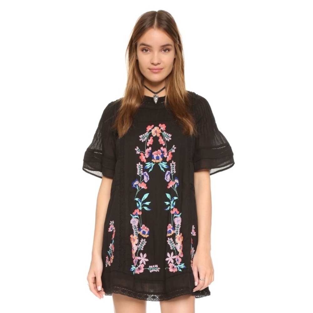 Free People Black Floral Embroidered Boho Ruffle Mini Dress size small